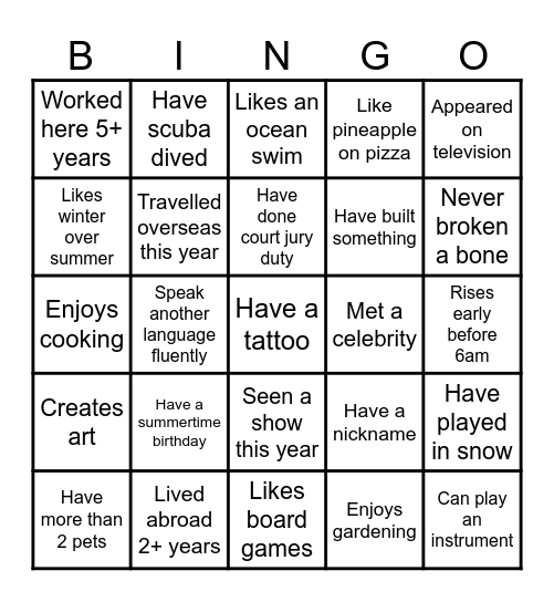Coworker Connections Bingo Card