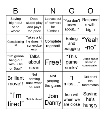 Josh Bingo Card