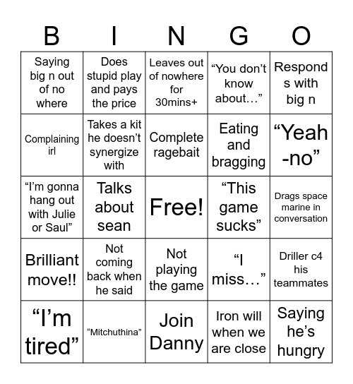 Josh Bingo Card