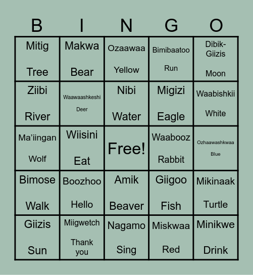Language Bingo Card