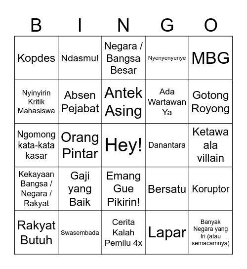 Bingo Pidato Prabowo Bingo Card