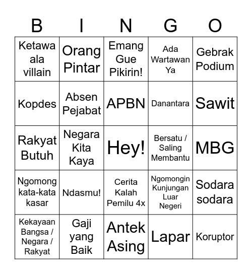 Bingo Pidato Prabowo Bingo Card