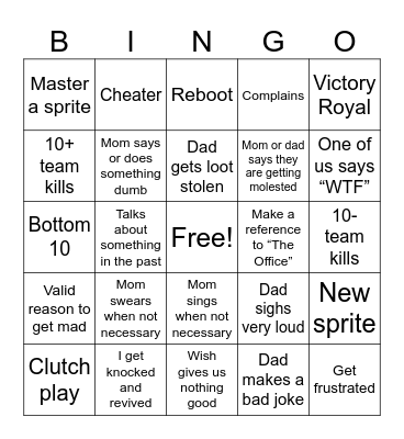 Family Fortnite Bingo Card