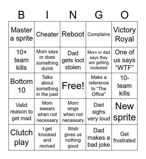 Family Fortnite Bingo Card