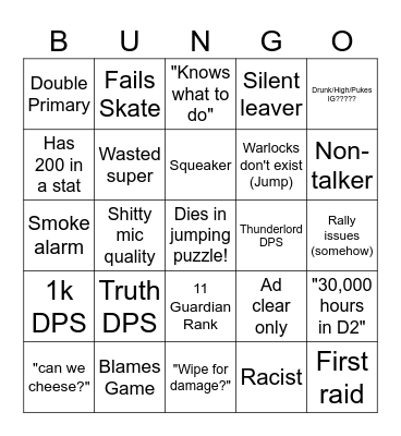Tower Raid Bingo Card