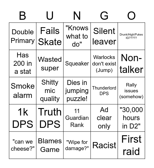 Tower Raid Bingo Card
