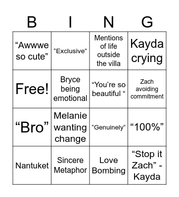 Love Island Bingo Card