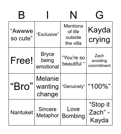 Love Island Bingo Card