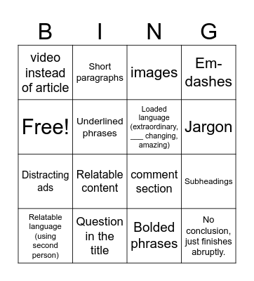 Structural features Bingo Card