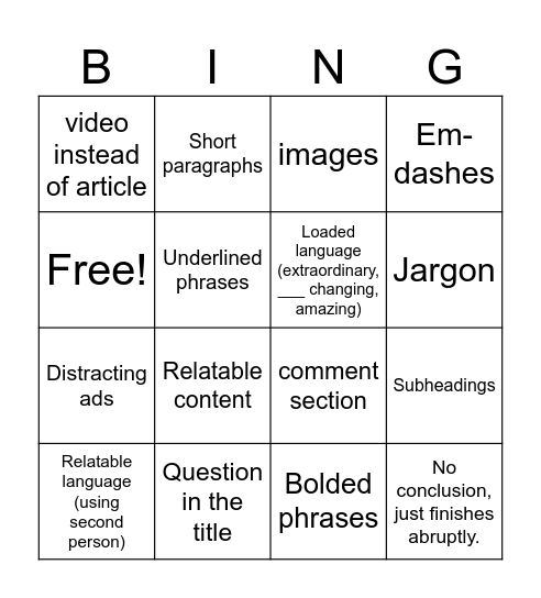 Structural features Bingo Card