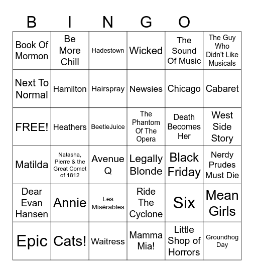 musicals Bingo Card