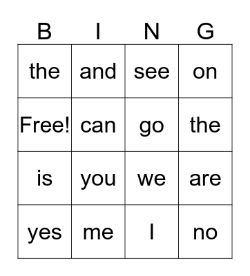 kinder sight words Bingo Card
