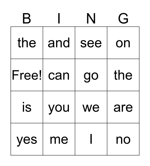 kinder sight words Bingo Card