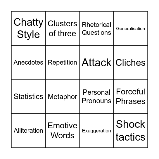 Persuasive Techniques Bingo Card