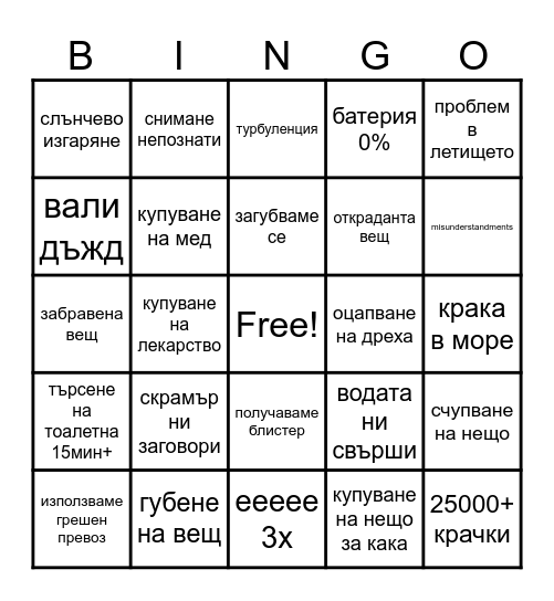 Vacation Bingo Card