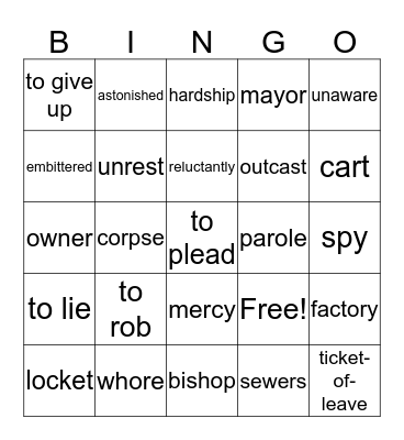 Les Misérables - Vocabulary Bingo Card