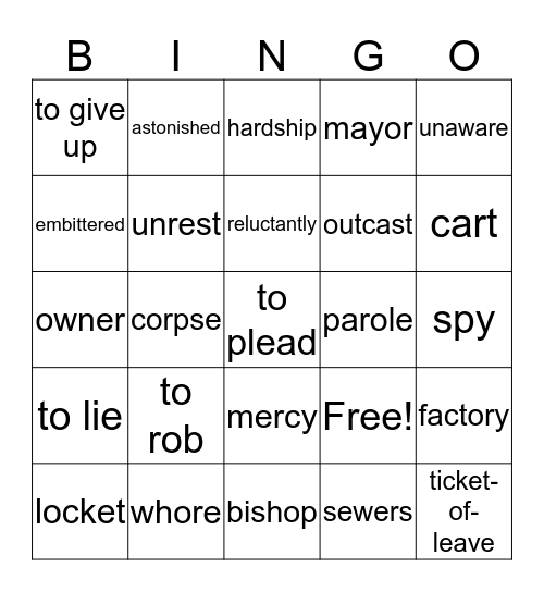 Les Misérables - Vocabulary Bingo Card