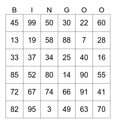 Numbers Bingo Card