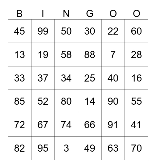 Numbers Bingo Card