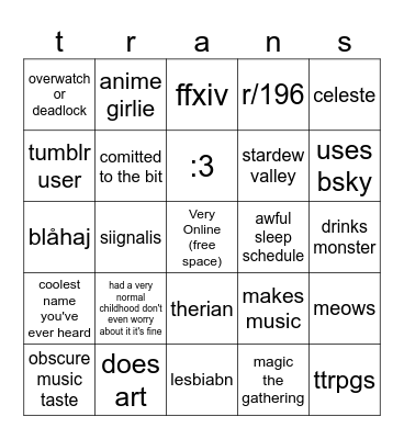 trans bingo v2 Bingo Card