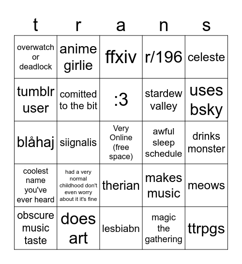trans bingo v2 Bingo Card