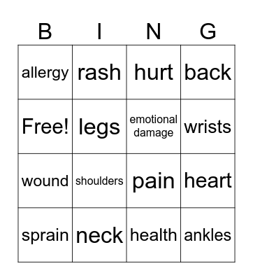 health Bingo Card