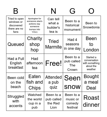 UK bucket list bingo Card