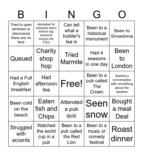 UK bucket list bingo Card