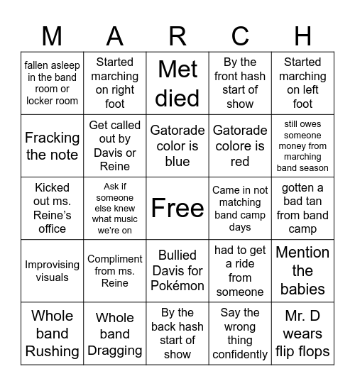 marching band bingo!! Bingo Card