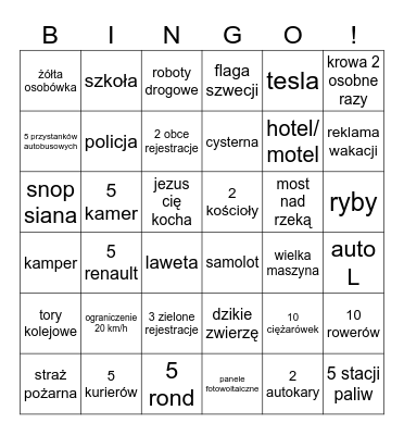 Kosewo Car Bingo 2026 Bingo Card
