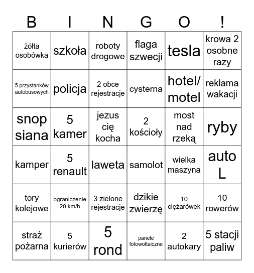 Kosewo Car Bingo 2026 Bingo Card