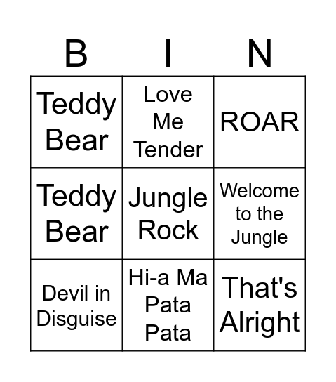 Elvis Jungle Rock 4 Bingo Card