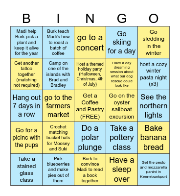Madi and Burk's First Year in Portland Together Bingo Card
