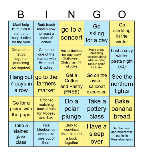 Madi and Burk's First Year in Portland Together Bingo Card