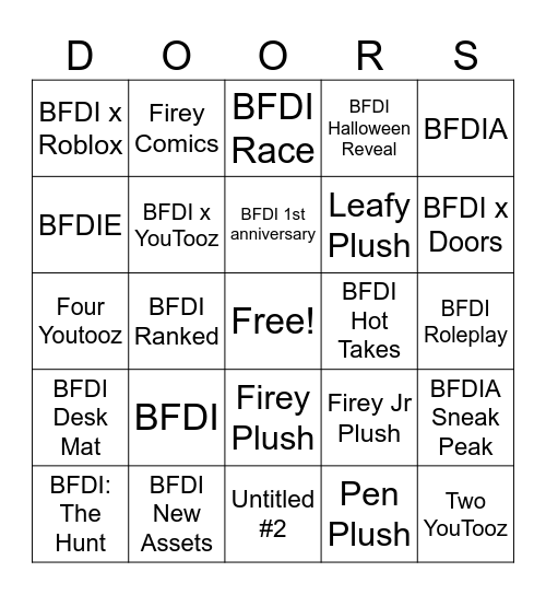 BFDI Stuff Bingo Card
