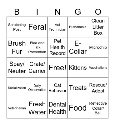 Animal Care Bingo Card