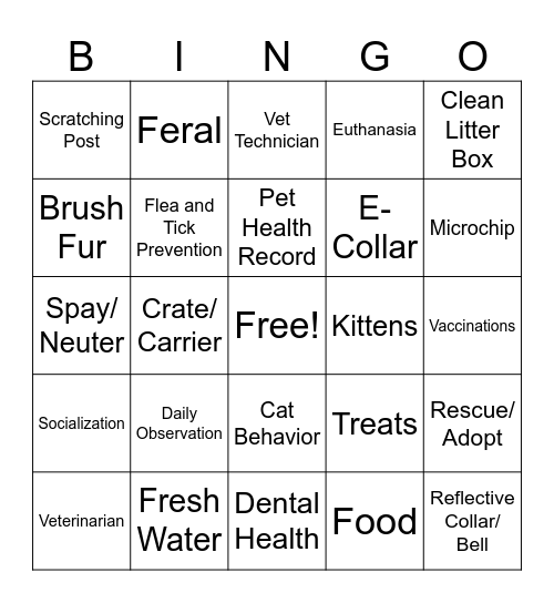 Animal Care Bingo Card