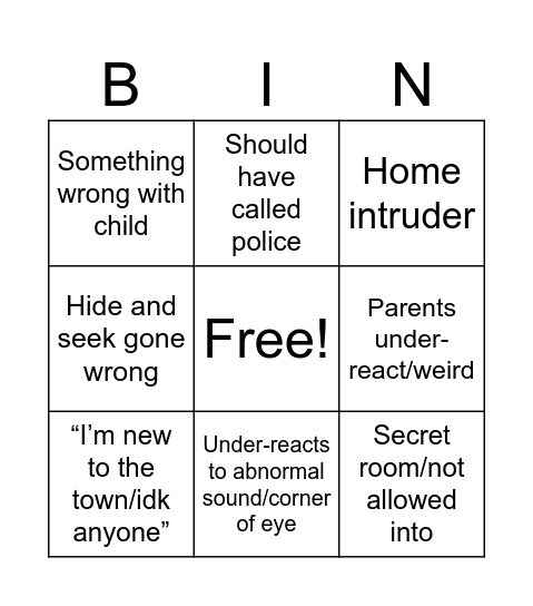 Babysitter Bingo Card