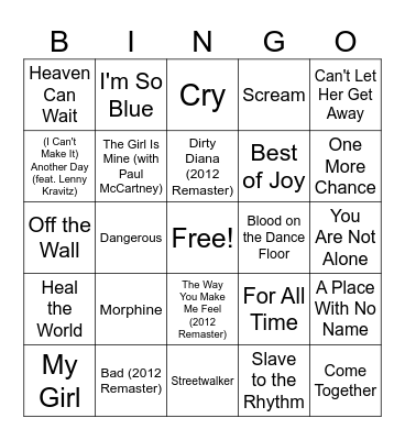 Michael Jackson Rd 1 Bingo Card