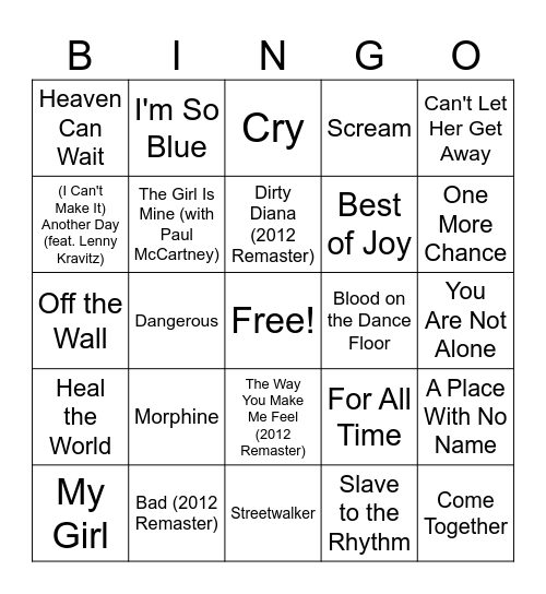 Michael Jackson Rd 1 Bingo Card