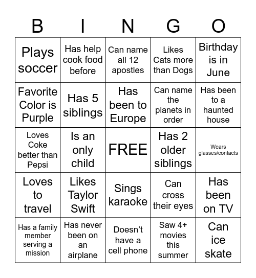 Get to Know You Bingo Card