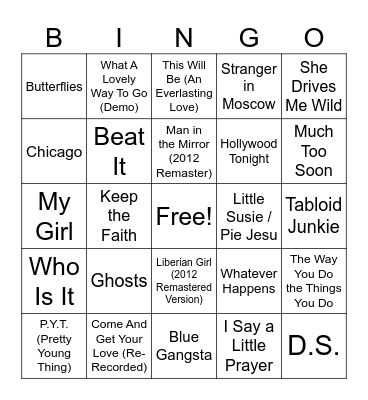 Michael Jackson Rd 3 Bingo Card