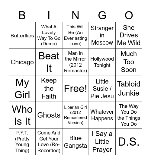 Michael Jackson Rd 3 Bingo Card