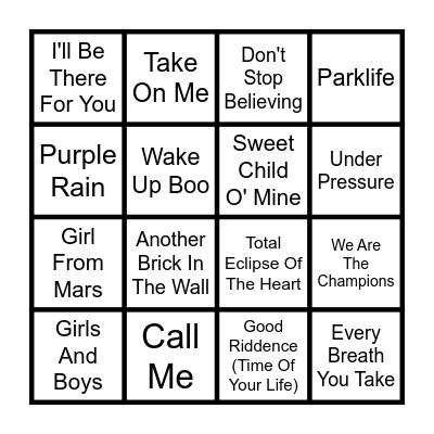 80s 90s Music Bongo Bingo Card