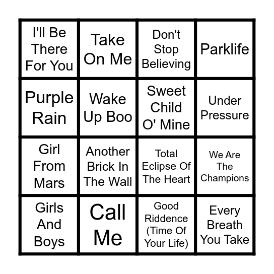 80s 90s Music Bongo Bingo Card