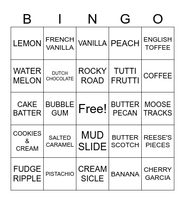 ICE CREAM Bingo Card