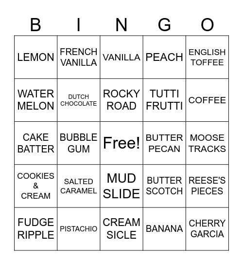 ICE CREAM Bingo Card