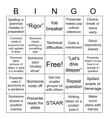 Teacher PD BINGO Card