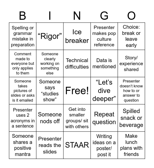 Teacher PD BINGO Card