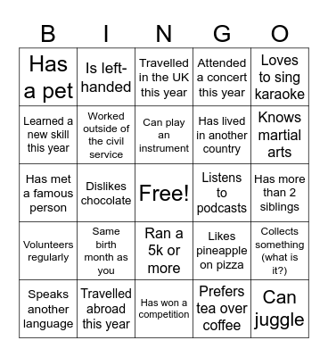 Get to know each other! Bingo Card